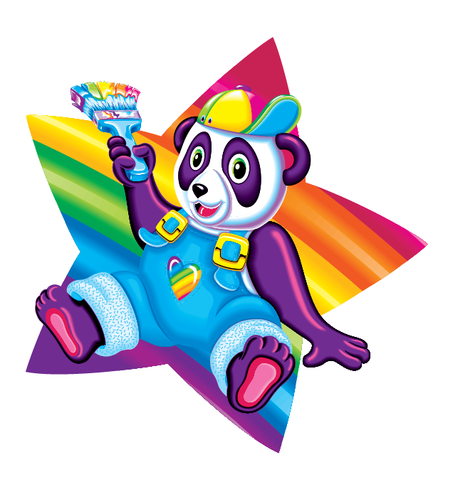 A panda with overall outfit, holding a paint brush with rainbow paint. 