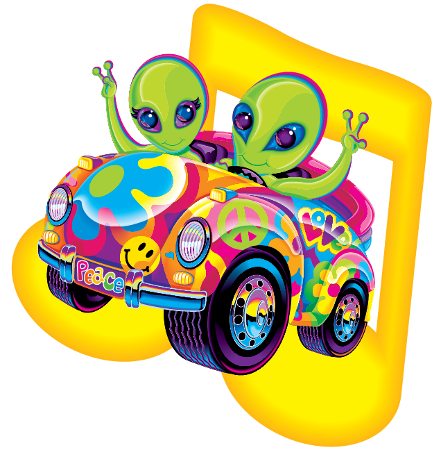 Aliens driving a car that is painted with hippie culture symbols, the background is a yellow music note