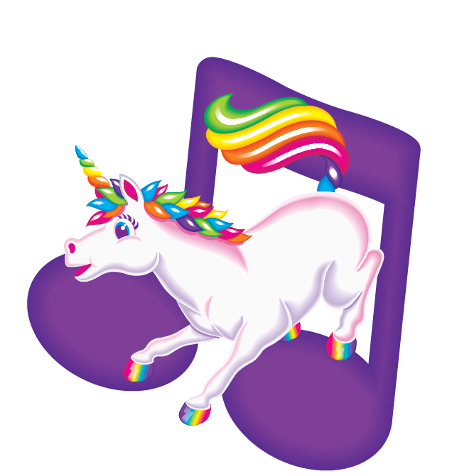 Markie white unicorn character with rainbow accents. A purple music note is used as background