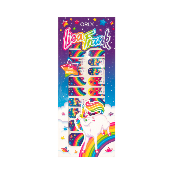 The Markie™ Nail Wraps, packaging with cloud, a rainbow with Markie on it, and a fade from sky blue to purple with stars of different colors, and the orly and Lisa Frank logos a transparent paper showing the product on the inside.
