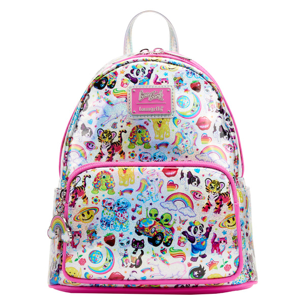Holographic Mini Backpack This mini backpack displays an all-over print of some of Lisa Frank’s most popular designs on a shiny silver iridescent background. with some of the characters such as Forrest™ the tiger, Angel Kitty™, Markie™ the unicorn, the rainbow. The front zipper pocket includes an enamel rainbow charm.