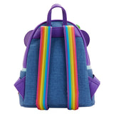 Panda Painter™ Mini Backpack view from the back its denim color with two rainbow straps.