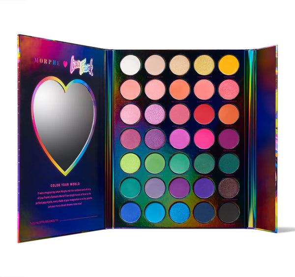 Cosmetic product opened. Heart mirror on the left and cosmetic swatches on the right side. Swatch colors variety came from white, skin, pink, green, purple, blue and dark brown.