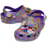 Classic Lisa Franck Crocs each shoe is decked out in signature Lisa Frank designs with colorful hearts on a purple background and includes a whimsical and wonderful collection Jibbitz™ charms like the piece and love sine with the lisa frank colors, a flower, a butterfly, a red, purple and blue diamond and the word groovy in different colors, and a love charm.