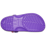 Classic Lisa Franck Crocs from the bottom, color purple showing the crocs logo and the size of the shoe.