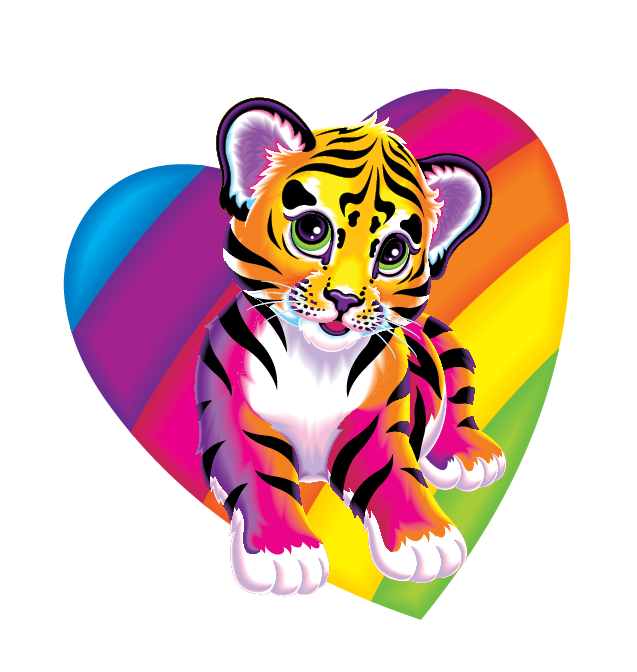 Forrest tiger character with a rainbow in shape of a heart as background