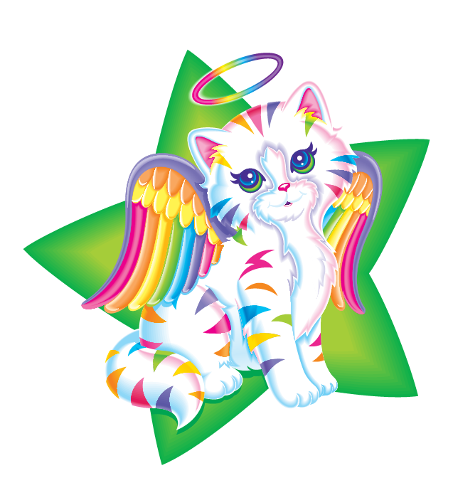 An Angel Kitty with rainbow wings, the background is a green star