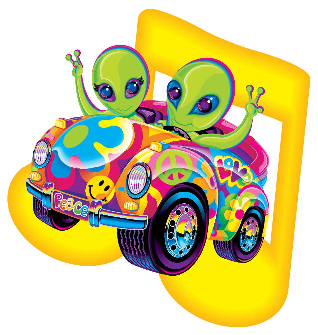 Aliens driving a car that is painted with hippie culture symbols