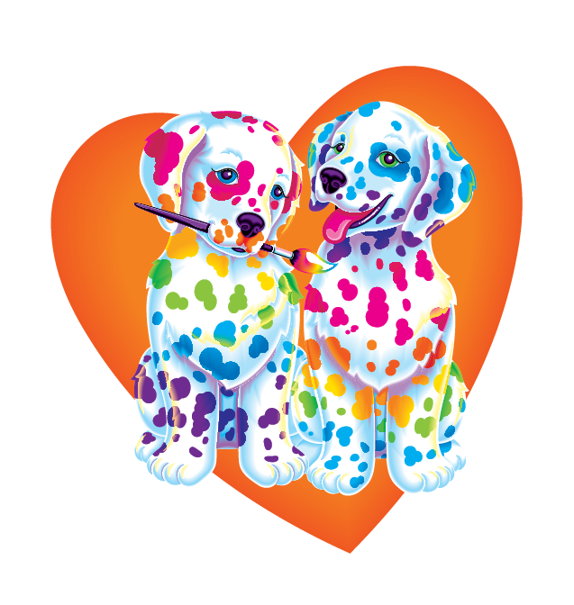 Spotty & Dotty white dogs with an orange heart background
