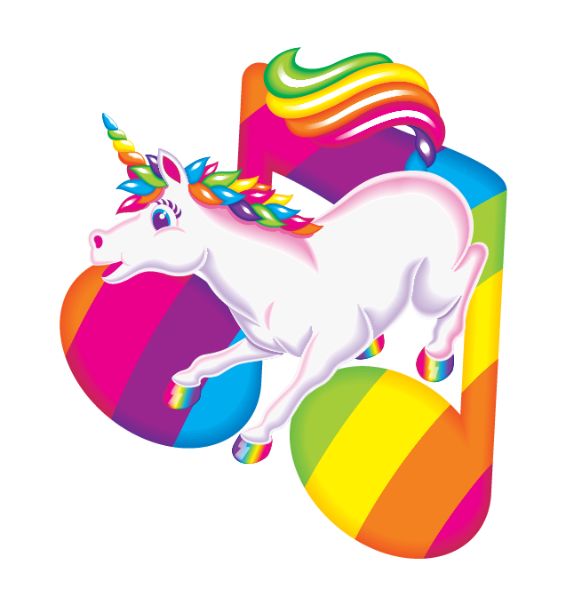 White unicorn with rainbow hair accents jumping in a rainbow music note