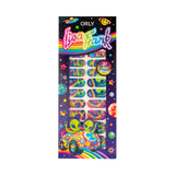 The Zoomer & Zorbit™ Nail Wraps, packaging with the characters on the left bottom corner on a rainbow, and the rest is the spice with different color planets, stars, and a spice ship in different colors like, pink, blue, purple, yellow, and the orly and Lisa Frank logos.