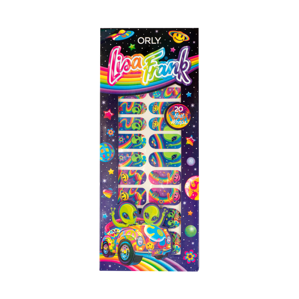 The Zoomer & Zorbit™ Nail Wraps, packaging with the characters on the left bottom corner on a rainbow, and the rest is the spice with different color planets, stars, and a spice ship in different colors like, pink, blue, purple, yellow, and the orly and Lisa Frank logos.