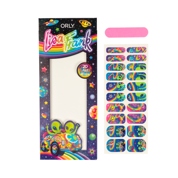 On the right is the Zoomer & Zorbit™ Nail Wraps, packaging with the characters on the left bottom corner on a rainbow, and the rest is the spice with different color planets, and the orly and Lisa Frank logos. On the left, at the top, there’s a small pink nail file, and on the bottom are the nail wraps, including all the sizes of the fingernails; some of them show the characters, and the others have different colors pink, blue and purple, with rainbow and stars of different colors.