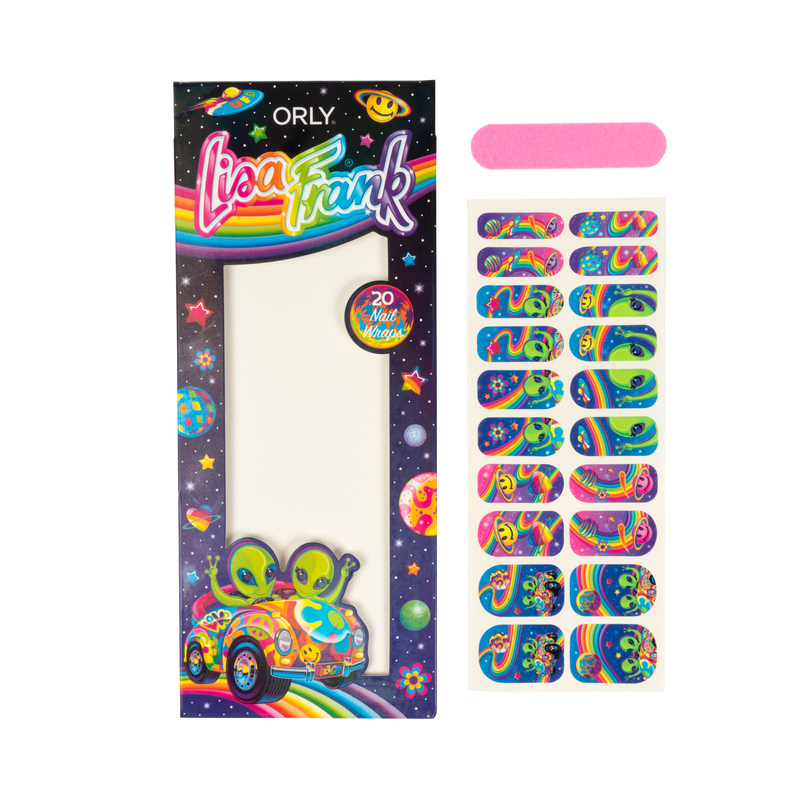 On the right is the Zoomer & Zorbit™ Nail Wraps, packaging with the characters on the left bottom corner on a rainbow, and the rest is the spice with different color planets, and the orly and Lisa Frank logos. On the left, at the top, there’s a small pink nail file, and on the bottom are the nail wraps, including all the sizes of the fingernails; some of them show the characters, and the others have different colors pink, blue and purple, with rainbow and stars of different colors.