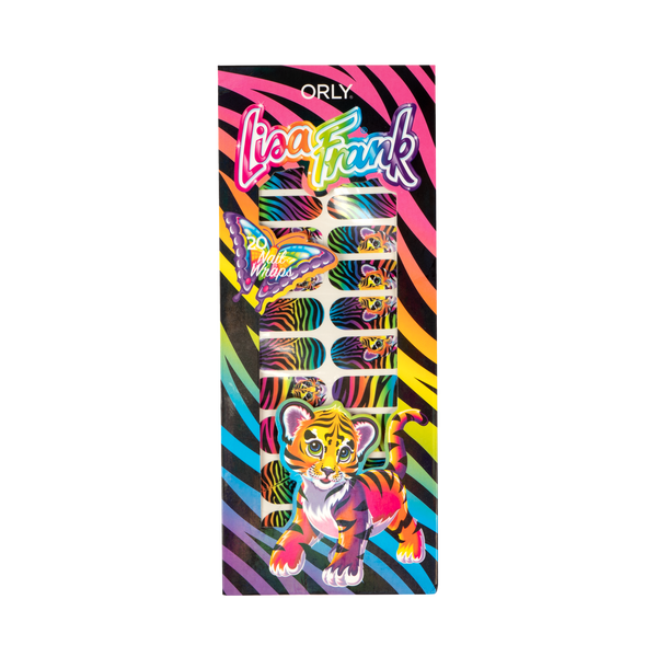 Forrest™ Nail Wraps, pink, orange, yellow, green, blue, and purple packaging with the forest line pattern on the top in black, with the only and Lisa Frank logo on the top, a colorful butterfly on the left, a transparent paper is showing the product on the inside and at the button the character Forrest™.
