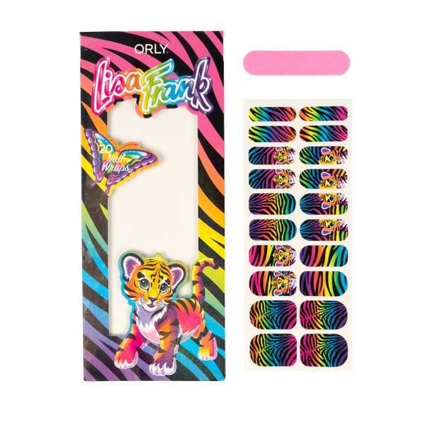 On the right is the Forrest™ Nail Wraps, packaging with the forest line pattern on the top in black, with the only and Lisa Frank logo on the top, a colorful butterfly on the left, a transparent paper and at the button the character Forrest™. At the left, on the top, there’s a small pink nail file, and on the bottom are the nail wraps, including all the sizes of the fingernails; some of them show the character Forrest™, and the other ones have the Forest outline and colors.