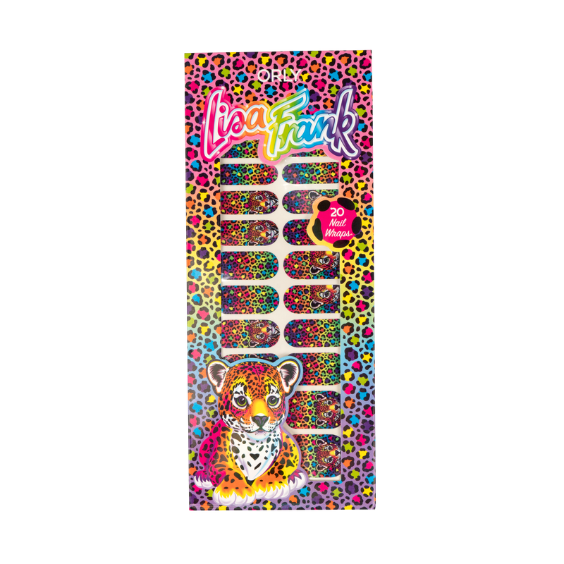 Hunter™ Nail Wraps, pink, orange, yellow, green, blue, and purple packaging with dots of the same colors with black outline, with the only and Lisa Frank logo on the top, a transparent paper is showing the product on the inside and at the button  left the character Hunter™.