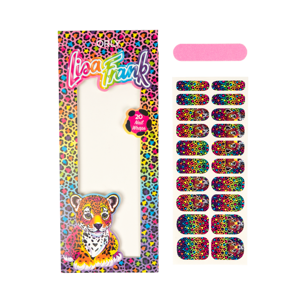 On the right is the Hunter™ Nail Wraps, with the only and Lisa Frank logo on the top; a transparent paper, and at the button left, the character Hunter™. At the left, on the top, there’s a small pink nail file, and on the bottom are the nail wraps, including all the sizes of the fingernails; some of them show the character Hunter™, and the other ones have the Hunter™ outline and colors.