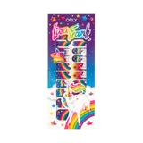 The Markie™ Nail Wraps, packaging with cloud, a rainbow with Markie on it, and a fade from sky blue to purple with stars of different colors, and the orly and Lisa Frank logos a transparent paper showing the product on the inside.