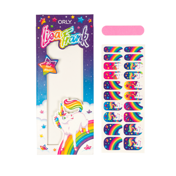 On the right is the Markie™ Nail Wraps, packaging with cloud, a rainbow with Markie on it, a fade from sky blue to purple with stars of different colors, and the orly and Lisa Frank logos. On the left, at the top, there’s a small pink nail file, and on the bottom are the nail wraps, including all the sizes of the fingernails; some of them show the character Markie, and the others have different colors pink, blue and purple, with rainbow and stars of different colors.