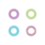 For round invisibobble, Lisa Frank® Be My Rainbow hair spirals in the colors shiny purple, then we have light green, funky blue, and light pink.
