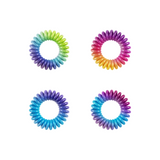 For round invisibobble, Lisa Frank® Hair Me Roar hair spirals in an electric color blend design; each one of them has a color blend, the first is green, light blue, and strong blue, and the second one is purple, pink, and yellow, the third one has intense blue with light blue, and the fourth one has intense purple and light blue.