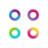 For round invisibobble, Lisa Frank® Hair Me Roar hair spirals in an electric color blend design; each one of them has a color blend, the first is purple and light blue, the second one is pink and purple, the third one has green with light blue, and the fourth one has intense yellow and strong pink.