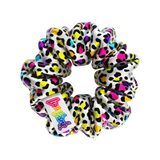 The invisibobble Lisa Frank® SPRUNCHIE, in color white with the Hunter® pattern on dots in the colors of yellow, pink, purple, and blue. With a Lisa Frank tag.