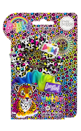 This is the Invisibobble SPRUNCHIE Lisa Frank® Pawsitively Purrrfect, with electric colors and bold, iconic designs; the packaging is in different shades, pink, yellow, blue, and purple, with the character hunter® pattern on top; holding the tree hair ties, tow invisibobble Lisa Frank® SPRUNCHIES one is in color white the character hunter® pattern, the other is the different shades mention before and one invisibobble ORIGINAL in Hunter's™ Hues in a transparent material.