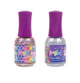 Tow nail polish bottles with a brush. ORLY x Lisa Frank Topper Bundle; first, it the hits the spot; this is a sparkling confetti polish topper, full of tiny dots of different colors like blue, yellow, green, pink, purple, and orange on the inside. The bottle has a sticker with Scotty & Dotty. The other bottle is the Star Glaze, filled with a glittery silver color, with a sticker with the character Markie, and on the back, many stars form different colors of the rainbow.