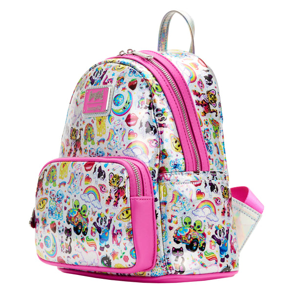 Holographic Mini Backpack from the side, this mini backpack displays an all-over print of some of Lisa Frank’s most popular designs on a shiny silver iridescent background. with some of the characters such as Forrest™ the tiger, Angel Kitty™, Markie™ the unicorn, the rainbow. The front zipper pocket includes an enamel rainbow charm