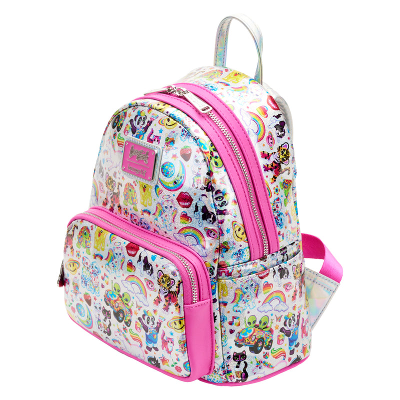 Holographic Mini Backpack from the side, this mini backpack displays an all-over print of some of Lisa Frank’s most popular designs on a shiny silver iridescent background. with some of the characters such as Forrest™ the tiger, Angel Kitty™, Markie™ the unicorn, the rainbow. The front zipper pocket includes an enamel rainbow charm