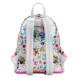 Holographic Mini Backpack from the back, this mini backpack displays an all-over print of some of Lisa Frank’s most popular designs on a shiny silver iridescent background. with some of the characters such as Forrest™ the tiger, Angel Kitty™, Markie™ the unicorn, the rainbow. With holographic straps.