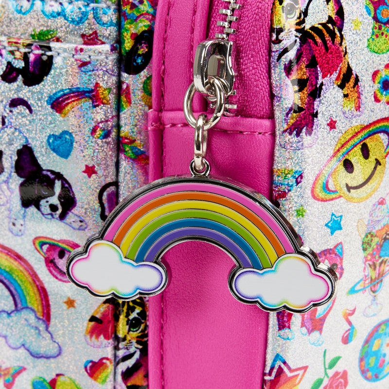 Zipper pocket includes an enamel rainbow charm of a rainbow and two clouds.