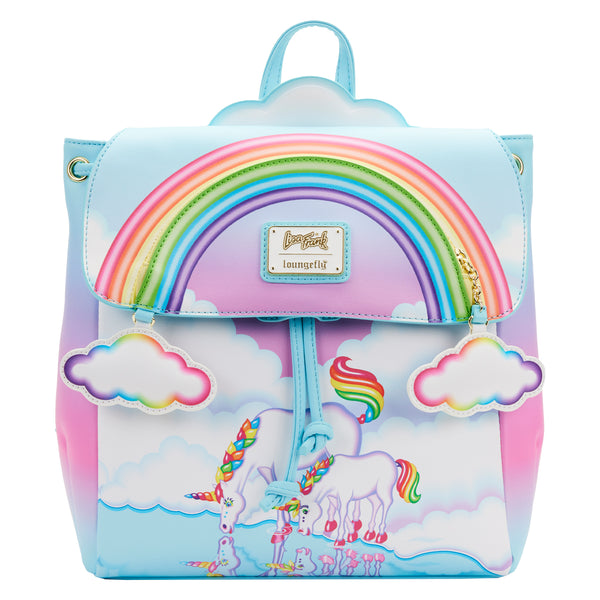 Markie™ Reflection Mini Backpack, On the front, Markie and Celeste™ take a refreshing sip of water from a reflective lake and some clouds in the background, and on the side, the colors pink and purple fade. A bold and bright rainbow shines up above the top flap of the backpack. The rainbow cloud zipper will unveil a hidden pocket within the arch.