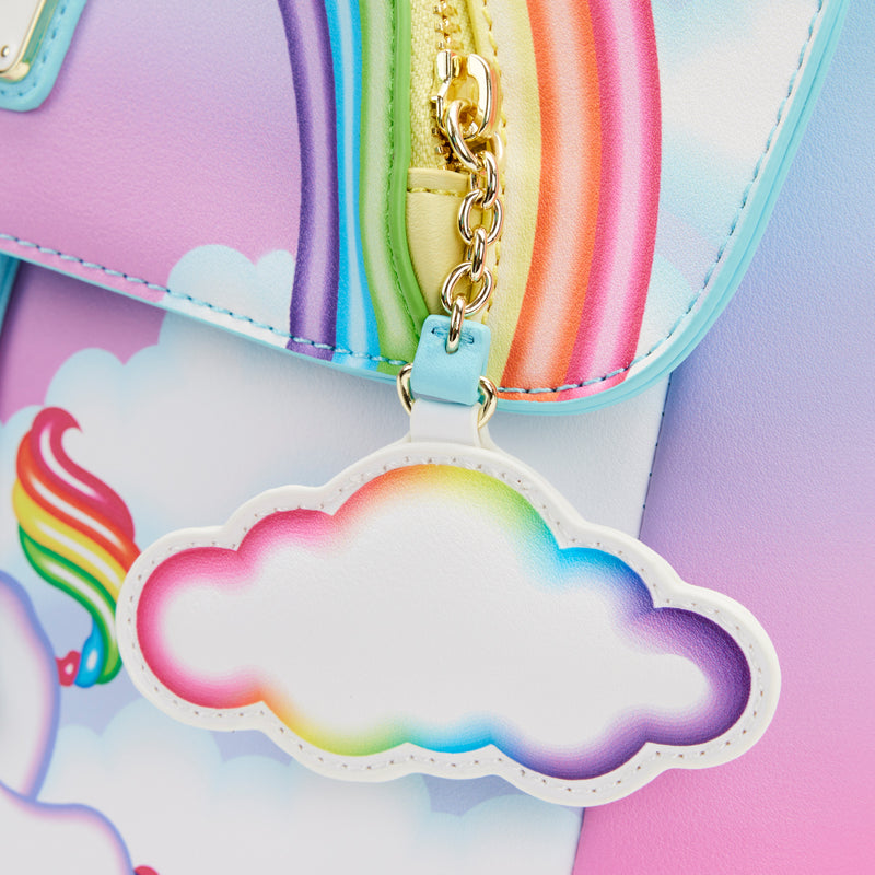 A closeup look of the rainbow cloud zipper that has a colorful outline with colors like purple, blue, green, yellow, orange, and pink.