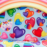 On the inside, the bag has blue fabric with a heart pattern, one has the characters Markie and Celeste, and the other ones are filled with different colors like yellow, blue, green, pin, orange, and purple.