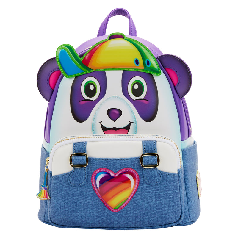 Panda Painter™ Mini Backpack the front zipper pocket displays Panda Painter's denim overalls, complete with a shiny multi-colored heart patch in the center. Up above, the bear completes his ensemble with a colorful baseball cap turned to the side, with a purple handle on the top.