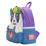 Panda Painter™ Mini Backpack side view the front zipper pocket displays Panda Painter's denim overalls, complete with a shiny multi-colored heart patch in the center. Up above, the bear completes his ensemble with a colorful baseball cap turned to the side, with a purple handle on the top.