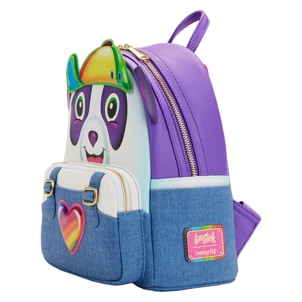 Panda Painter™ Mini Backpack side view the front zipper pocket displays Panda Painter's denim overalls, complete with a shiny multi-colored heart patch in the center. Up above, the bear completes his ensemble with a colorful baseball cap turned to the side, with a purple handle on the top.