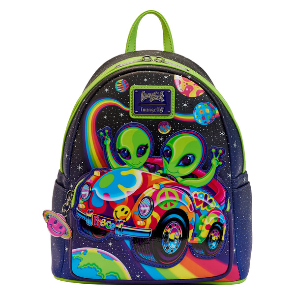 This is the Loungefly Lisa Frank® Cosmic Alien Ride Mini Backpack features our green characters Zoomer & Zorbit™ on the front of the bag as they tour the strong blue galaxy in their automobile, decorated with a mix of Lisa Frank graphics, like the smiley face, the peace and love sign, and a blue flower; on the back, there are some planets and the rainbow. An enamel zipper charm of Saturn Smiley and the stars and aliens glow in the dark, on the middle top, it has a place with the Lisa Frank logo in purple.