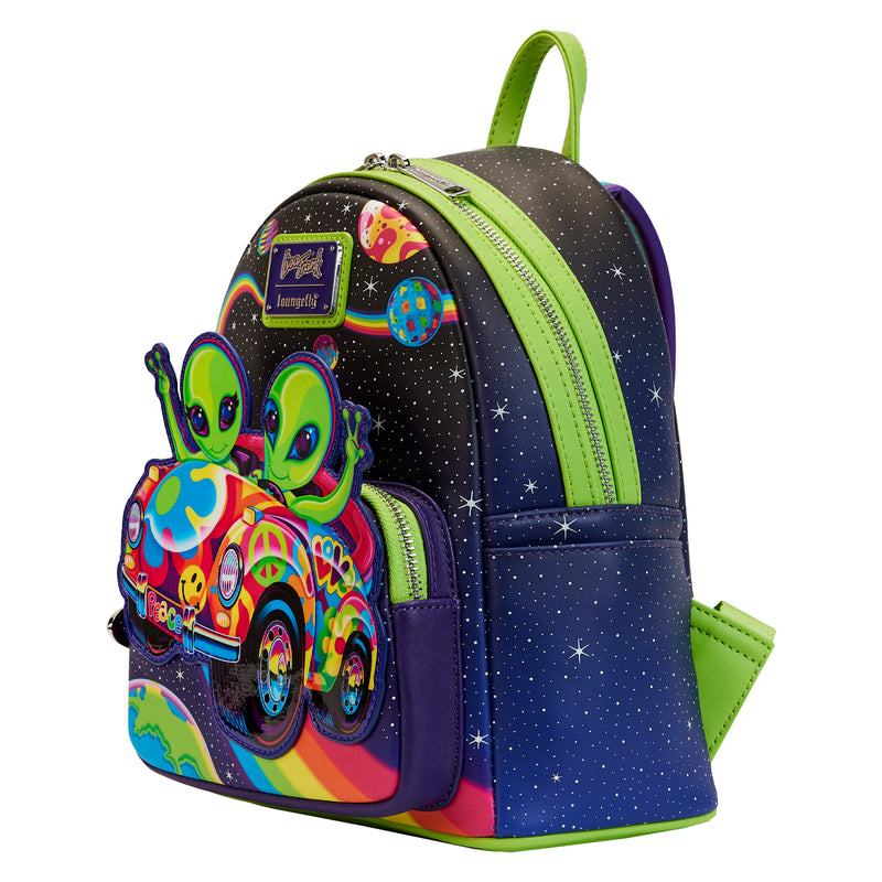 This is the Loungefly Lisa Frank® Cosmic Alien Ride Mini Backpack view form the side; it features green characters Zoomer & Zorbit™ on the front of the bag as they tour the strong blue galaxy in their automobile, decorated with a mix of Lisa Frank graphics, like the smiley face, the peace and love sign, and a blue flower; on the back, there are some planets and the rainbow. A green zipper and the stars and aliens glow in the dark; on the middle top, it has a place with the Lisa Frank logo in purple.