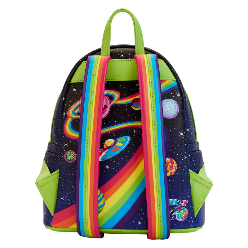 This is the Loungefly Lisa Frank® Cosmic Alien Ride Mini Backpack view from the back; we can see the pink Saturn Smiley make an encore appearance, along with extra-terrestrial motifs and rainbow shoulder straps; there are five more colorful planets, and the rainbow, on the bottom right is the Zoomer & Zorbit™ logo