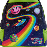 This is the Loungefly Lisa Frank® Cosmic Alien Ride Mini Backpack view from the back; we can see the pink Saturn Smiley make an encore appearance, along with extra-terrestrial motifs and rainbow shoulder straps; there are five more colorful planets, and the rainbow, on the bottom right is the Zoomer & Zorbit™ logo