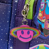 An enamel zipper charm of Saturn Smiley, whit a smiley face on pink with a disk of multiple colors, which are pink, orange, yellow, green, blue, and purple.