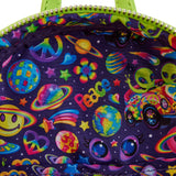 This is the Loungefly Lisa Frank® Cosmic Alien Ride Mini Backpack view from the inside, with an intense purple fabric, which is decorated with different Lisa Frank icons, including hearts, stars, planets, the smiley face, and Zoomer & Zorbit™almost all the icons include the colors, pink, orange, yellow, green, purple and blue.