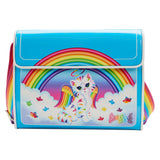 Angel kitty blue bag, showing angel kitty in the clouds with color stars, the Lisa frank logo in the right corner, and a rainbow in the back, as well as a rainbow strap.