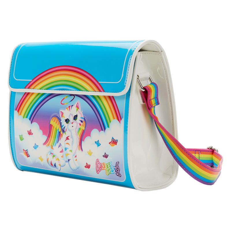 Angel kitty blue bag from the side, showing angel kitty in the clouds with color stars, the Lisa frank logo in the right corner, and a rainbow in the back, as well as a rainbow strap, on the side of the purse, is white.
