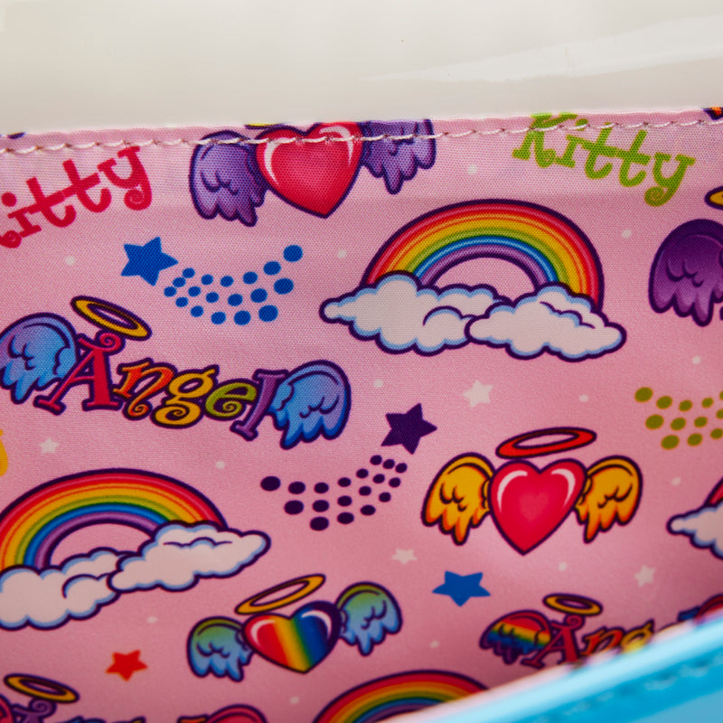 Angel kitty bag from the inside, showing different Lisa Frank figures like the rainbow, a heart with wings in different colors like pink, with yellow wings, pink with purple wings, and a rainbow colors with green and blue wings, the world Kitty in pink and green, the word Angle with blue wings, and some stars blue, green, white, purple and yellow, al in a light pink background.