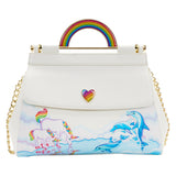 Markie™ Reflection Crossbody Bag, On the front, Markie and Celeste™ take a refreshing sip of water from a reflective lake where the Dancing Dolphins™ play in a white background. As they rest in the clouds, a bold and bright rainbow shines above on the bag’s molded handle. A dreamy cloud-shaped shoulder pad continues the magic on top of the shiny gold chain shoulder strap.
